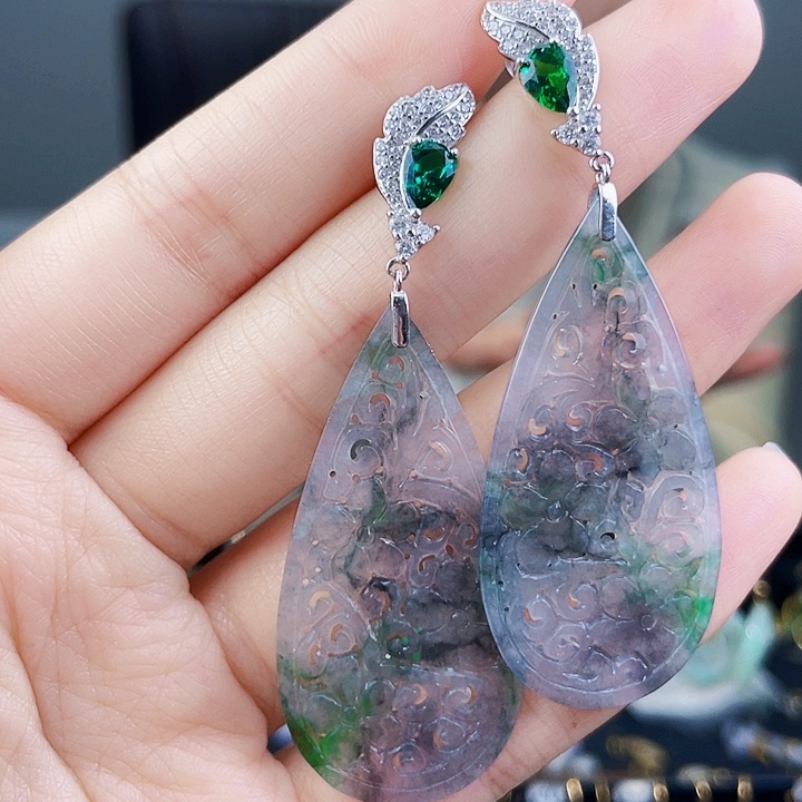 翡翠耳饰银S925镶嵌饰品