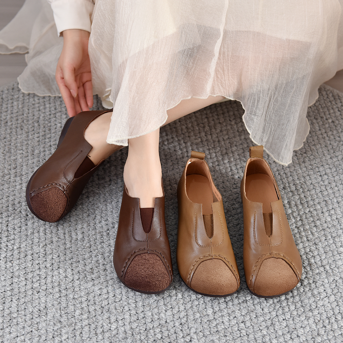 休闲中口秋季民族风防滑单鞋舒适真皮软底复古平底牛筋底7151