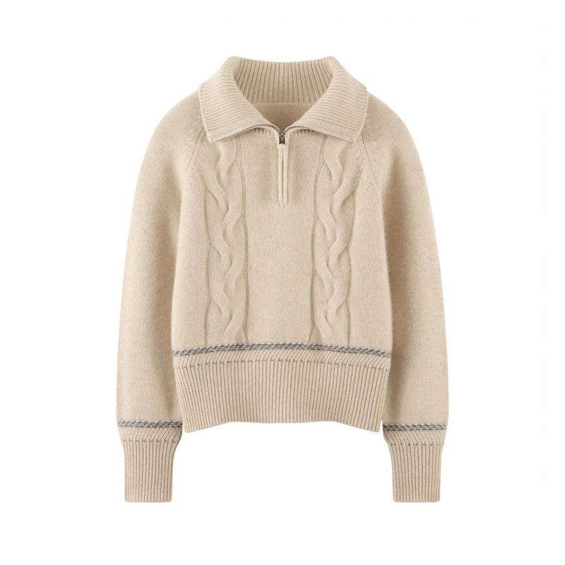 慵懒爆款翻边拉链领撞色袖边条胸前2条粗麻花长袖100%山羊绒开衫