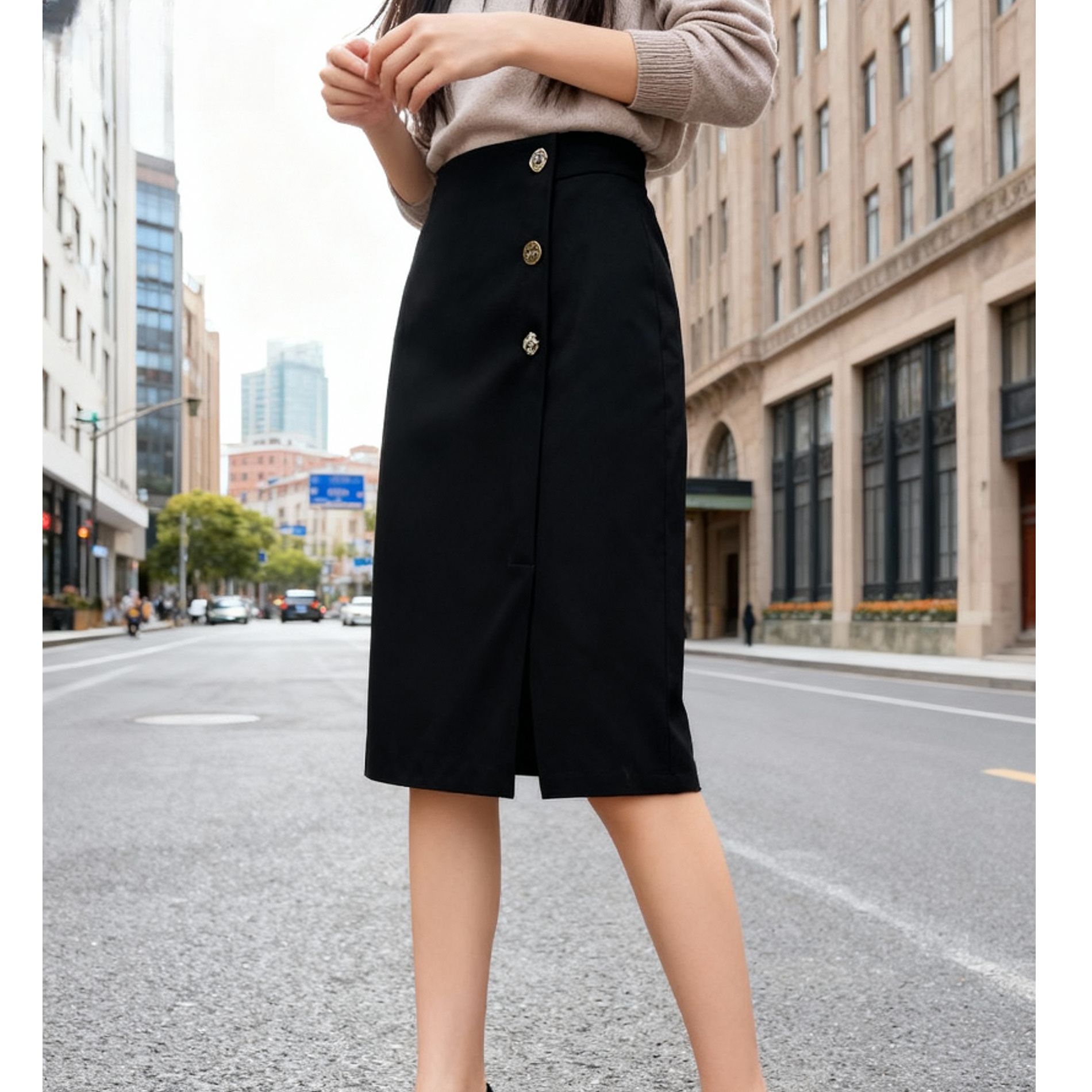 8828#时尚高腰气质百搭开叉半身裙裙子【A6-2】