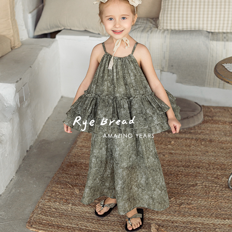 ryebread/黑面包童装 韩版女小童小碎花蓬蓬吊带套装 5夏