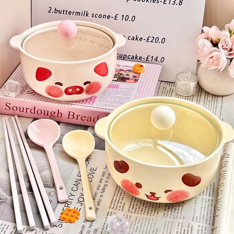 奶油风小猪小狗陶瓷泡面碗双耳带盖釉下彩防烫家用宿舍方便面碗