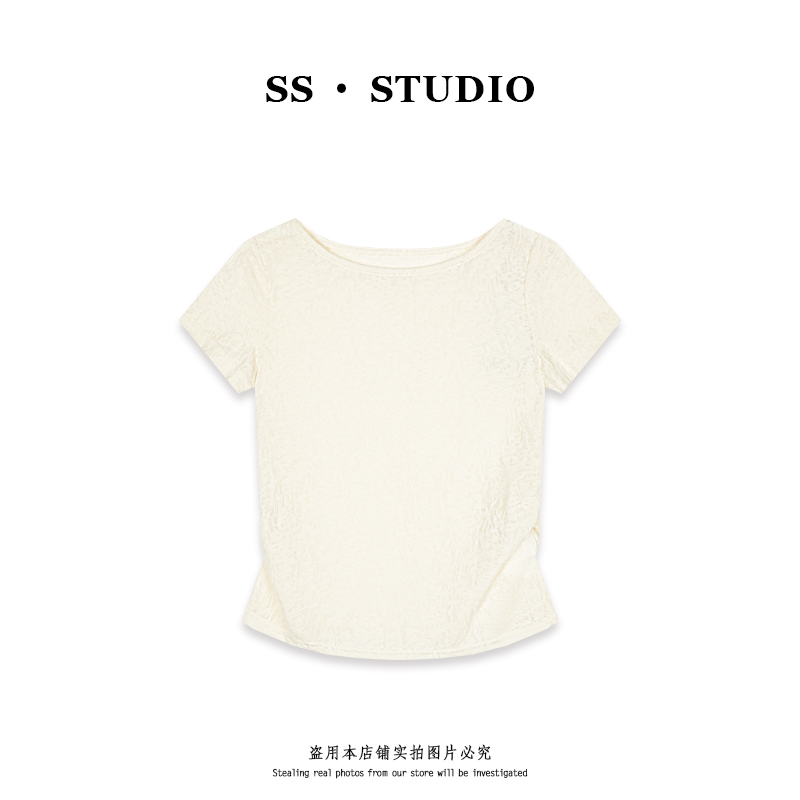 【SUSU】纯色气质镂空提花圆领针织衫夏季简约休闲短袖上衣SS-5612