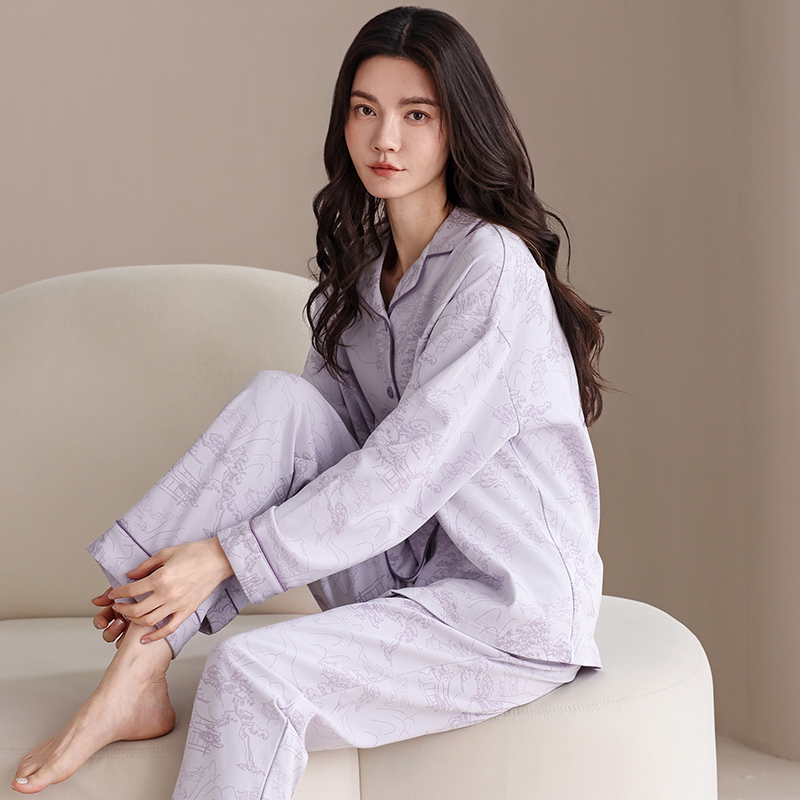 【紫气东来】女士纯棉紫色国风开衫长袖睡衣套装家居服加厚可外穿