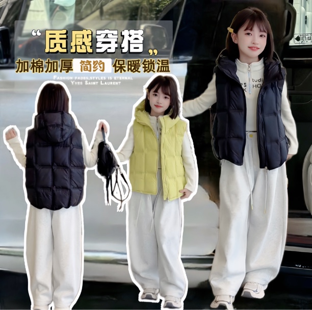 女童冬季连帽马甲无袖背心2025宽松方块百搭外穿棉马夹外套