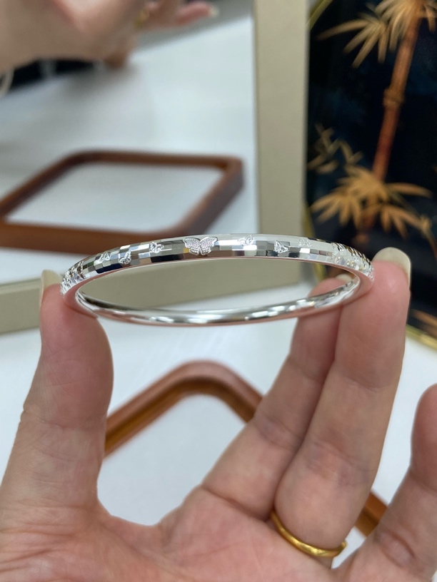 足银手镯 足银999.9马赛克切割底蝴蝶银杏四叶草葫芦实心闭口手镯