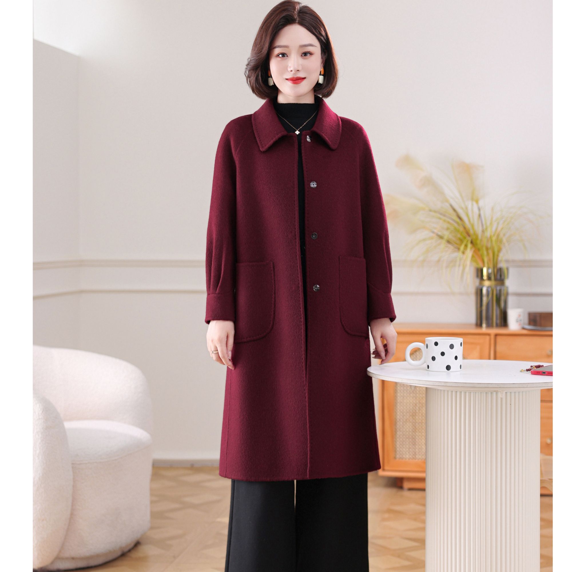 ziyang/孜洋高端骆驼绒双面呢大衣娃娃领秋冬中长款毛呢外套5215