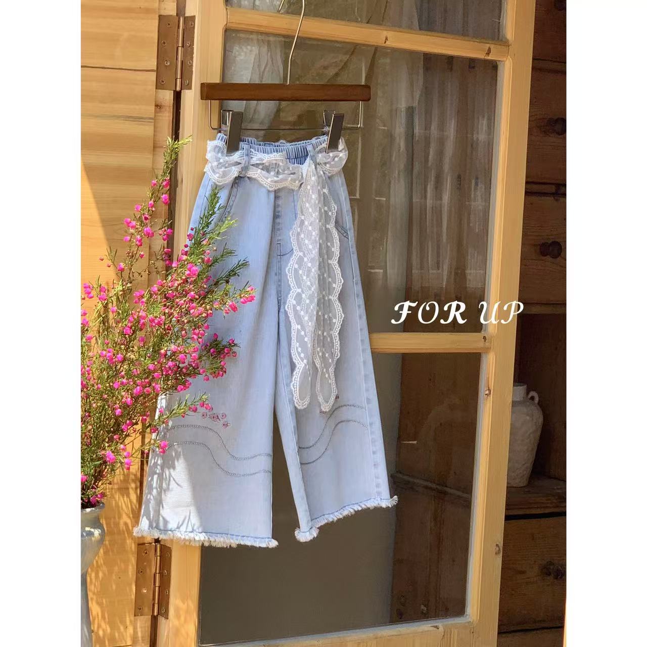 【现货】252-FU-85136法式露娜花朵刺绣蕾丝腰绳九分牛仔裤