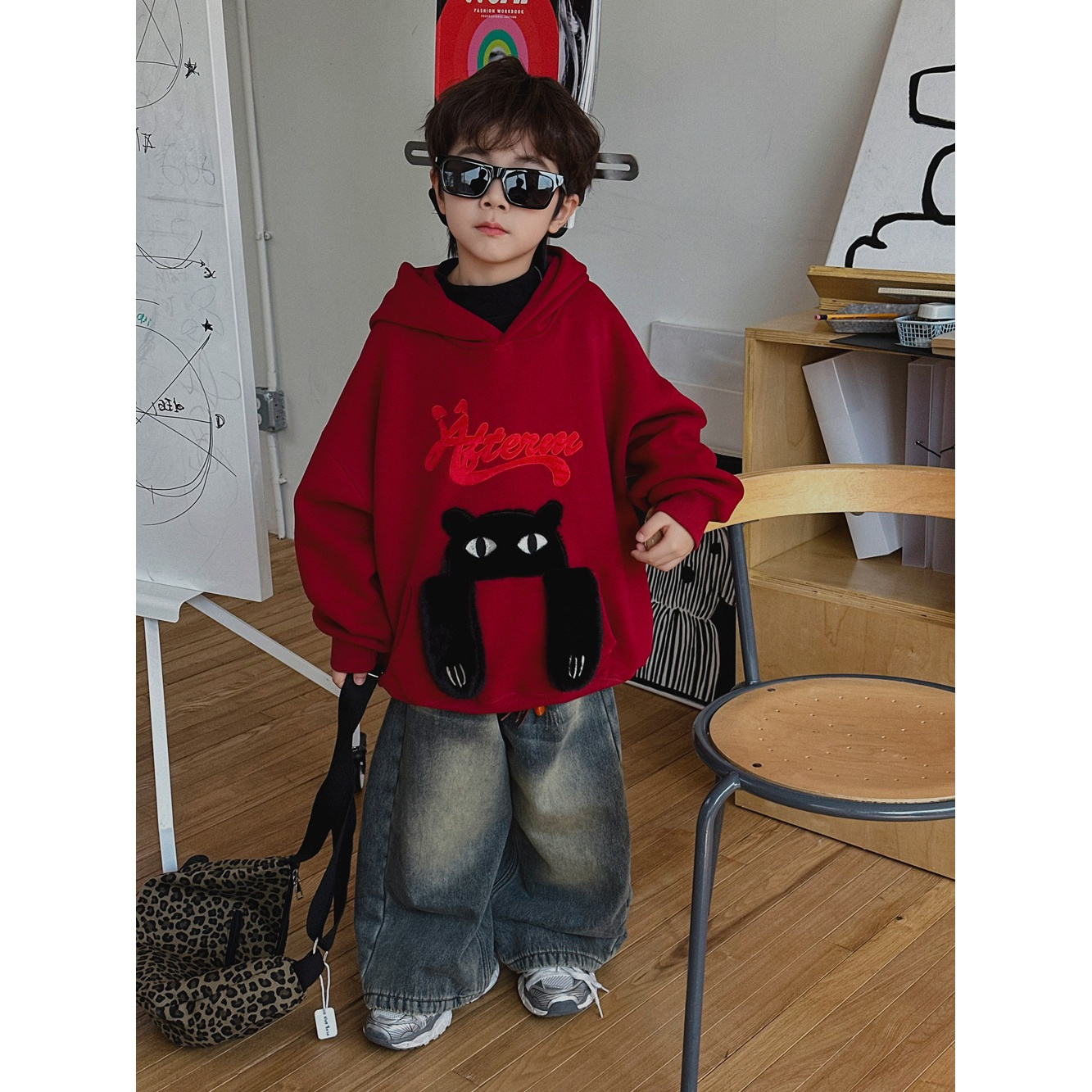 【Tang小白】2025冬季新款毛绒猫咪绣花加绒连帽卫衣儿童保暖帽衫