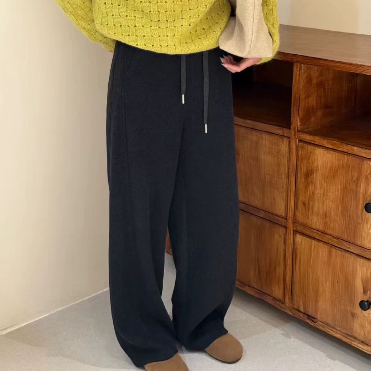 冬季加绒加厚中高腰阔腿裤女软糯垂感直筒休闲裤显瘦百搭