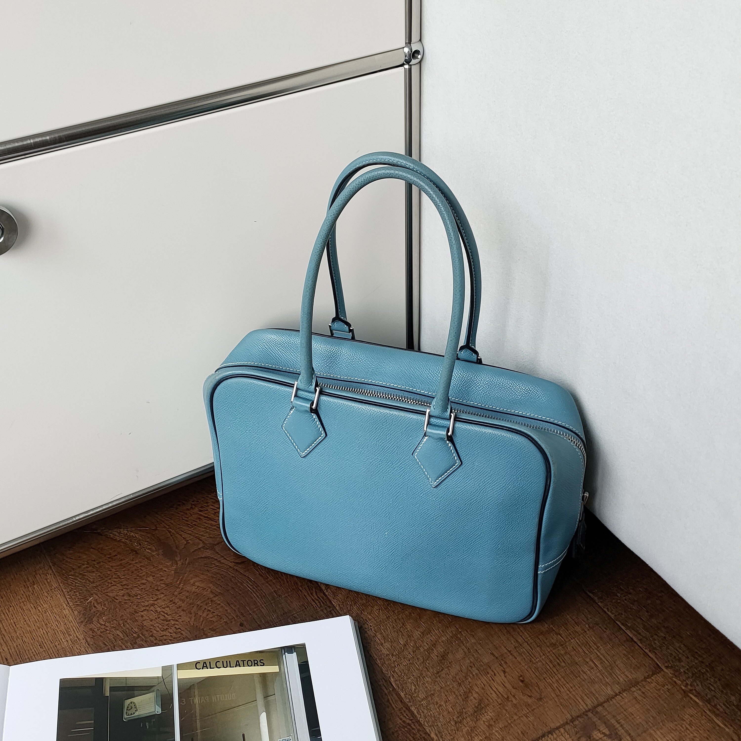 95新 Hermes/爱马仕 Azul-牛仔蓝E皮plume28手提包/48783