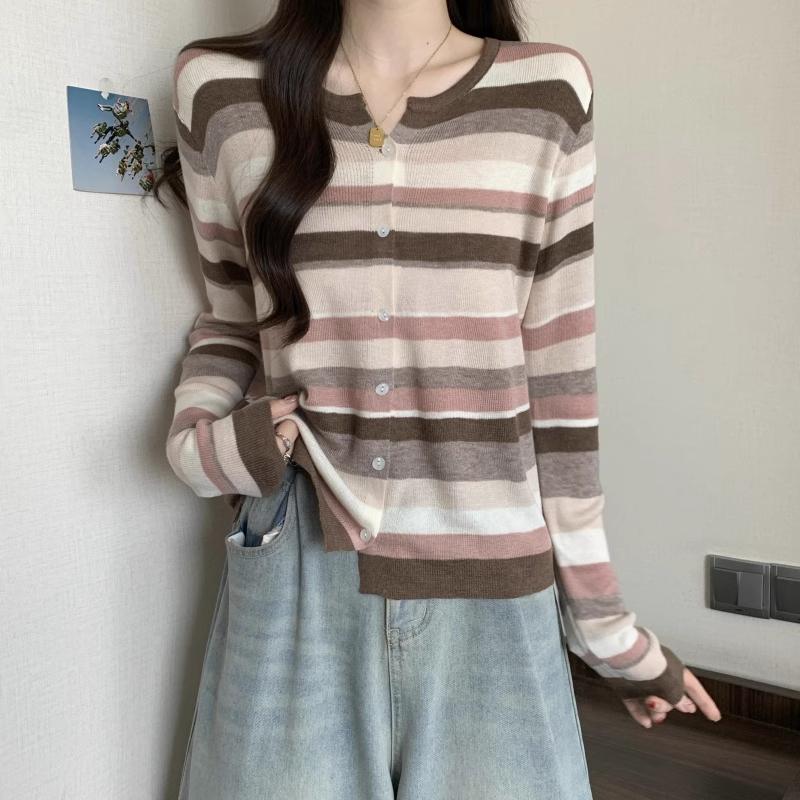 撞色V领条纹春秋韩版秋冬针织开衫毛衣女气质显瘦T恤气质上衣长袖