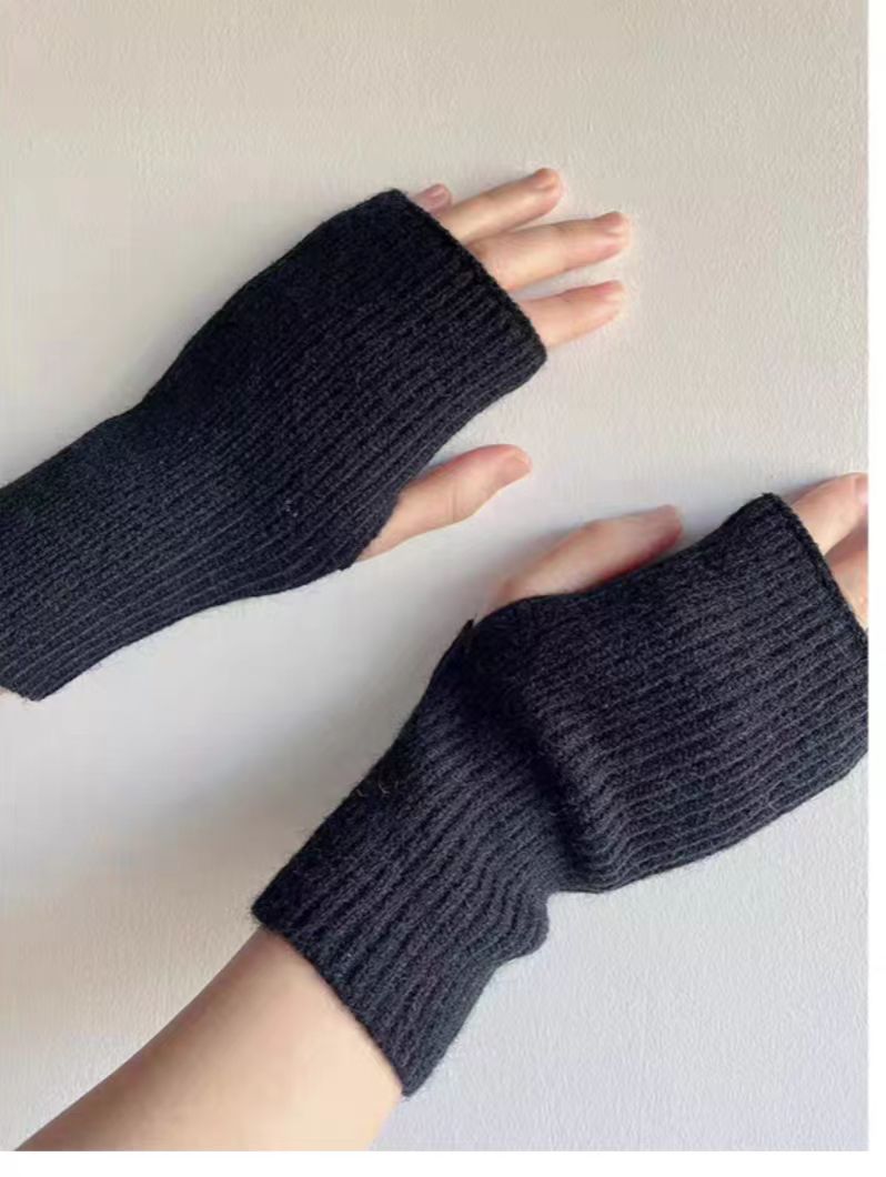 ins秋冬季加厚保暖半指针织手套女学生写字露指触屏护腕毛线袖套