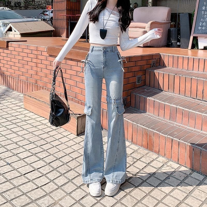 皮带蝴蝶结微喇叭牛仔裤女2025早春复古辣妹显瘦显瘦显高马蹄裤子