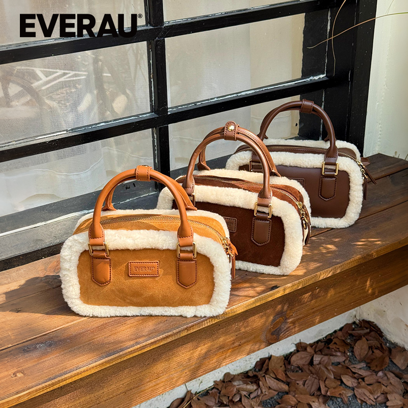 EVERAU手提包女2025新款秋冬毛绒复古百搭休闲单肩斜挎包EAA039