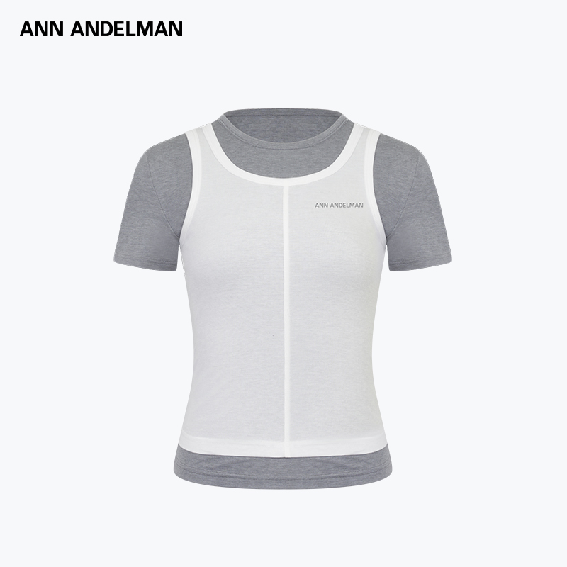 ANN ANDELMAN 25新款拼色修身设计感套头短袖T恤假两件针织上衣女