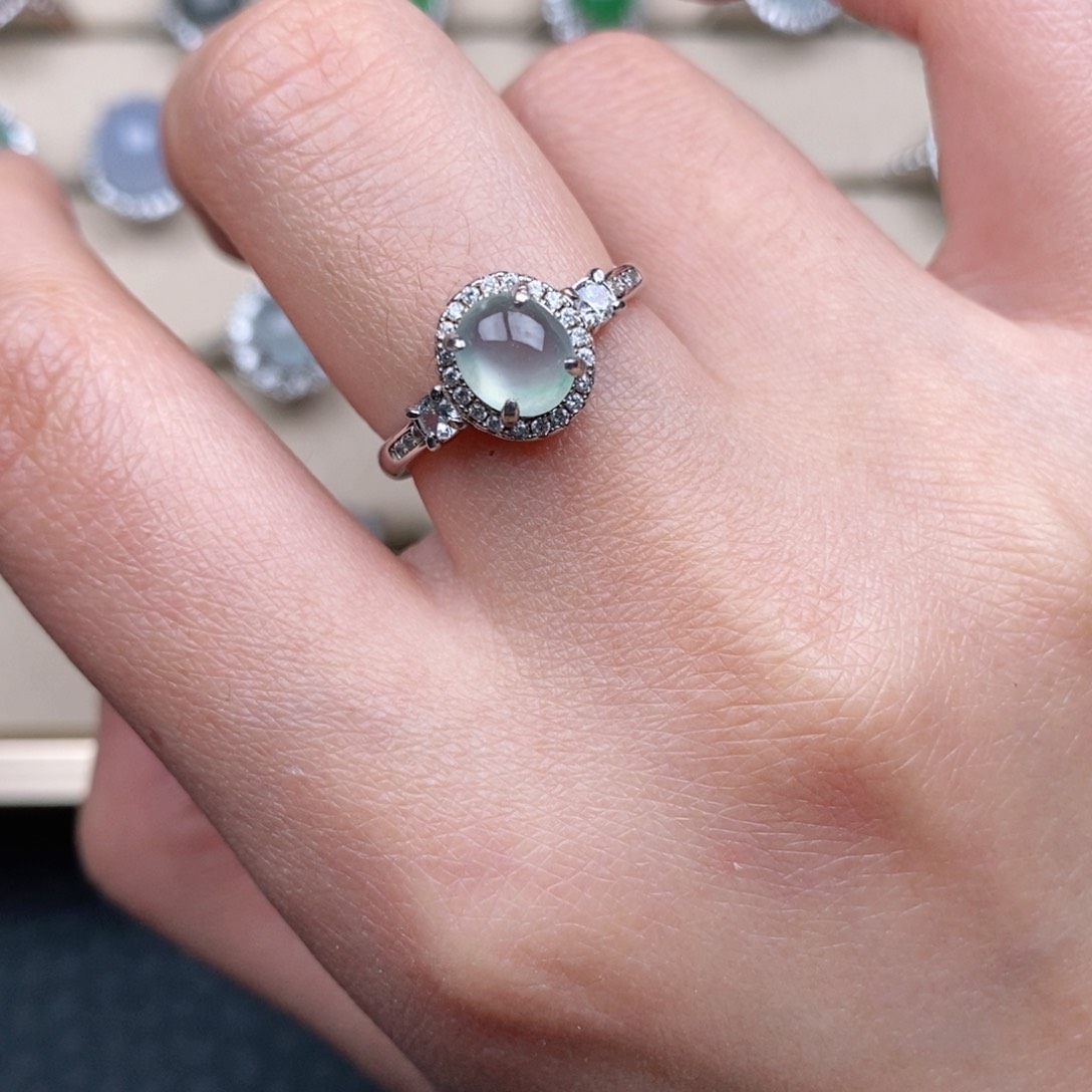 翡翠戒指银S925镶嵌新*天然A货翡翠