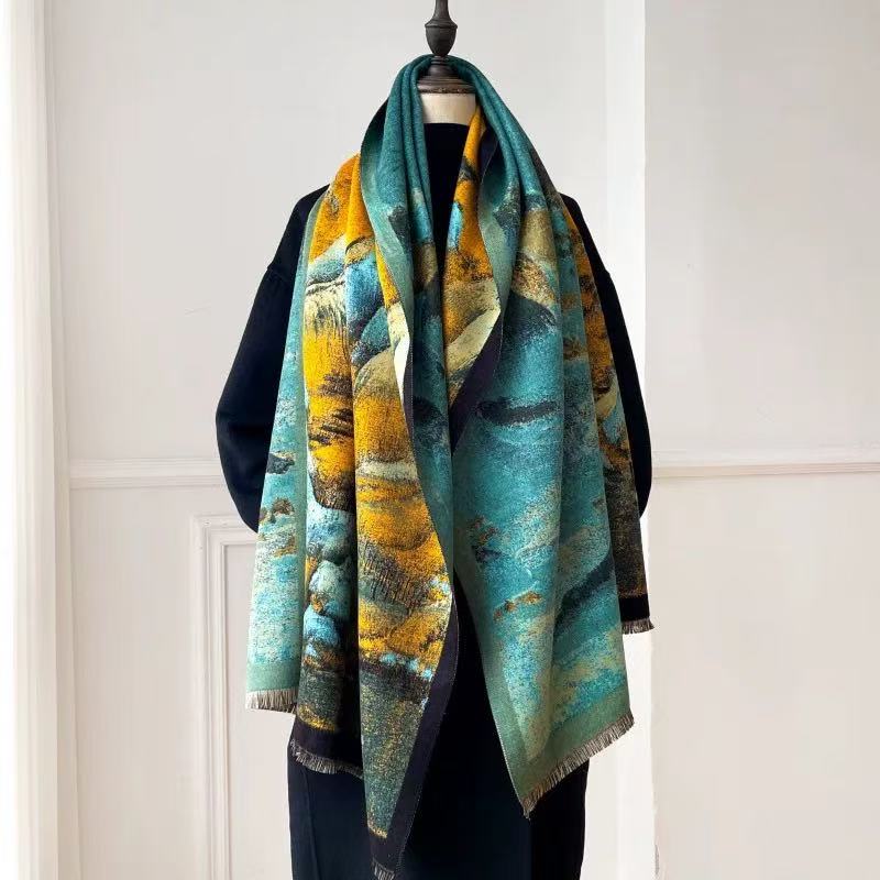 【青青】【千里江山】高级百搭羊绒国风轻奢高定丝巾65*190（DQ1）