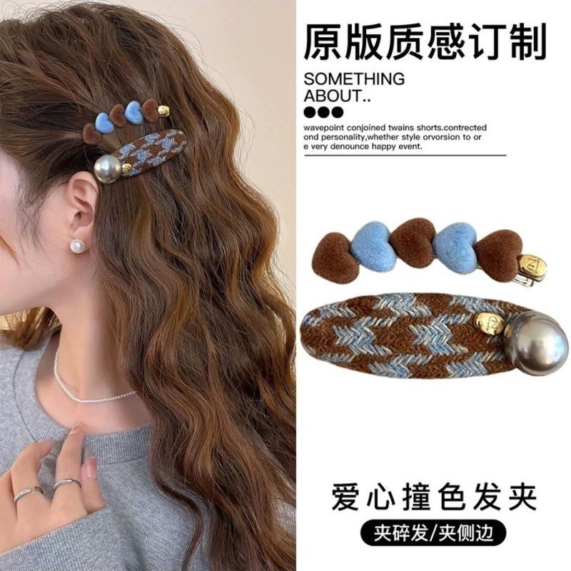 韩系蓝色丝绒千鸟格发夹女高级感精致秋冬爱心撞色发卡刘海碎发夹