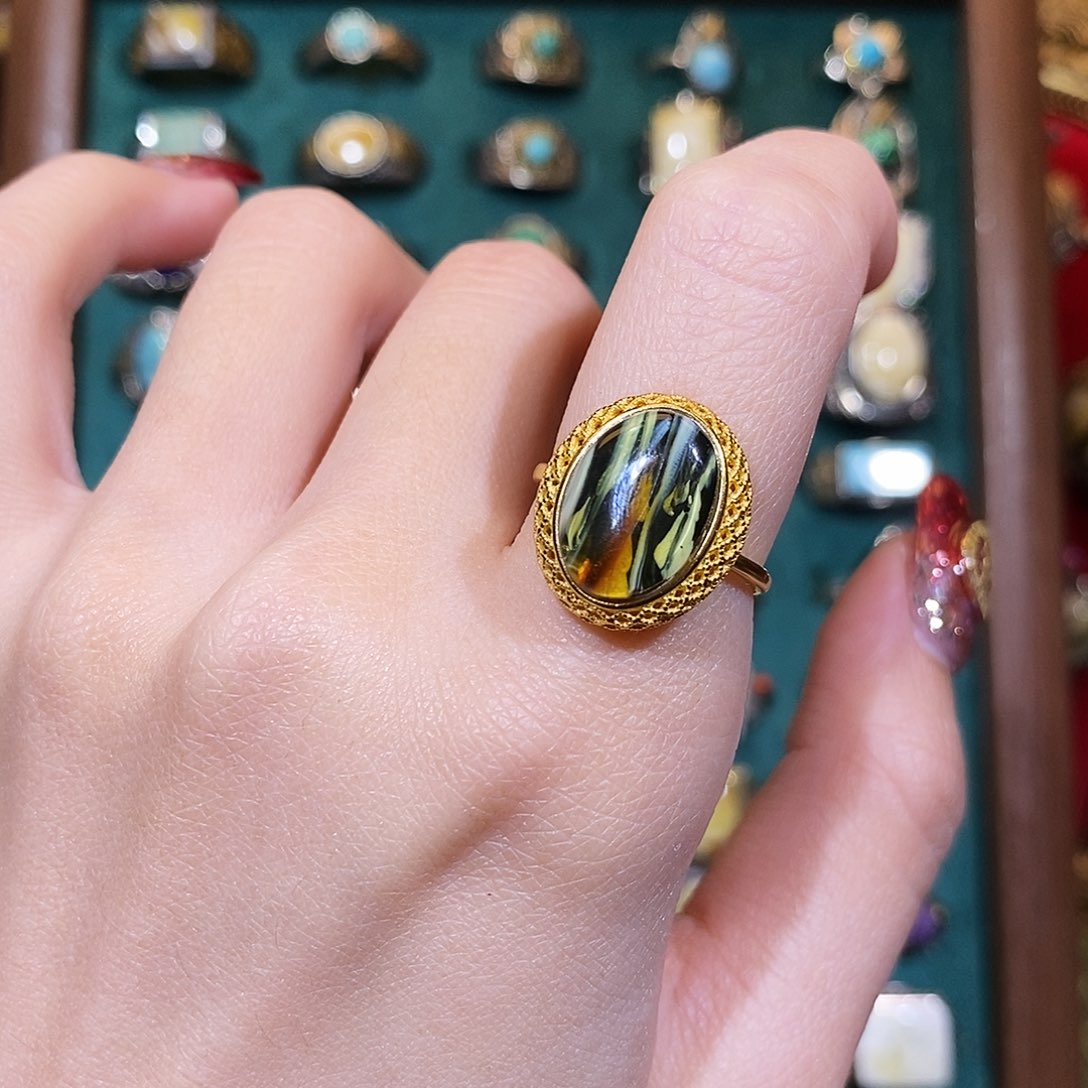 琥珀戒指银S925镀金镶嵌戒指