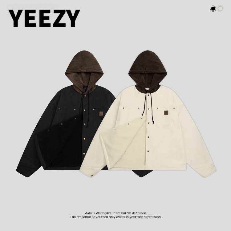 YEEZY男装秋冬新款羊羔绒外套帆布灯芯绒拼接帽子加绒加厚连帽外