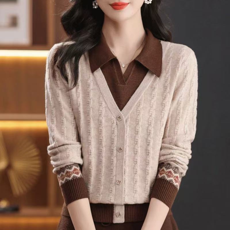 14  女毛针织衫中年女士秋季拼色毛衣拼色百搭开衫上衣（不加绒）