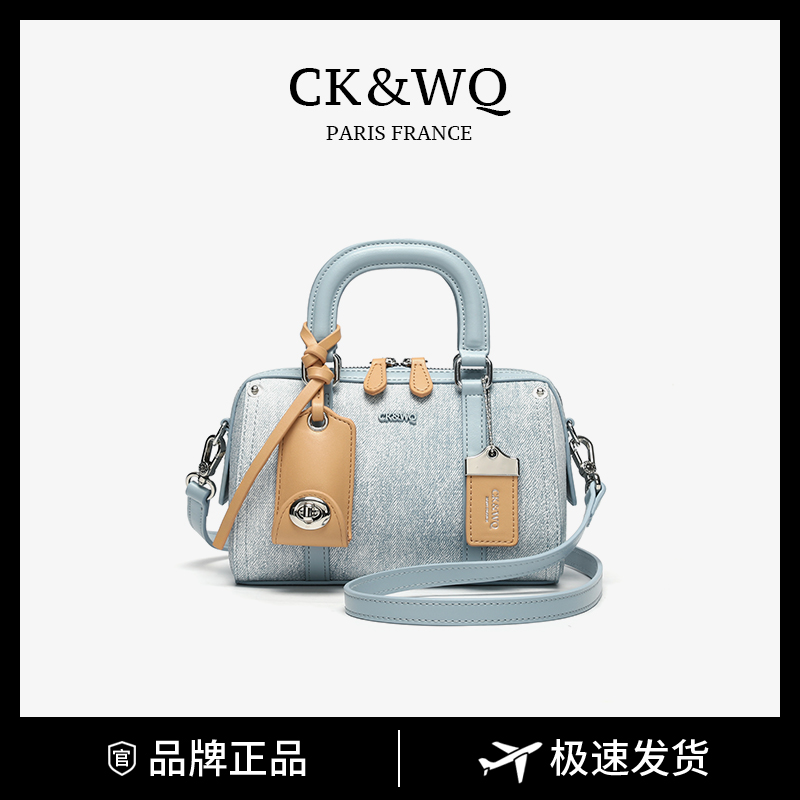 枕头包经典牛仔丹宁小众女士筒包拉链印花休闲耐刮单肩包水洗