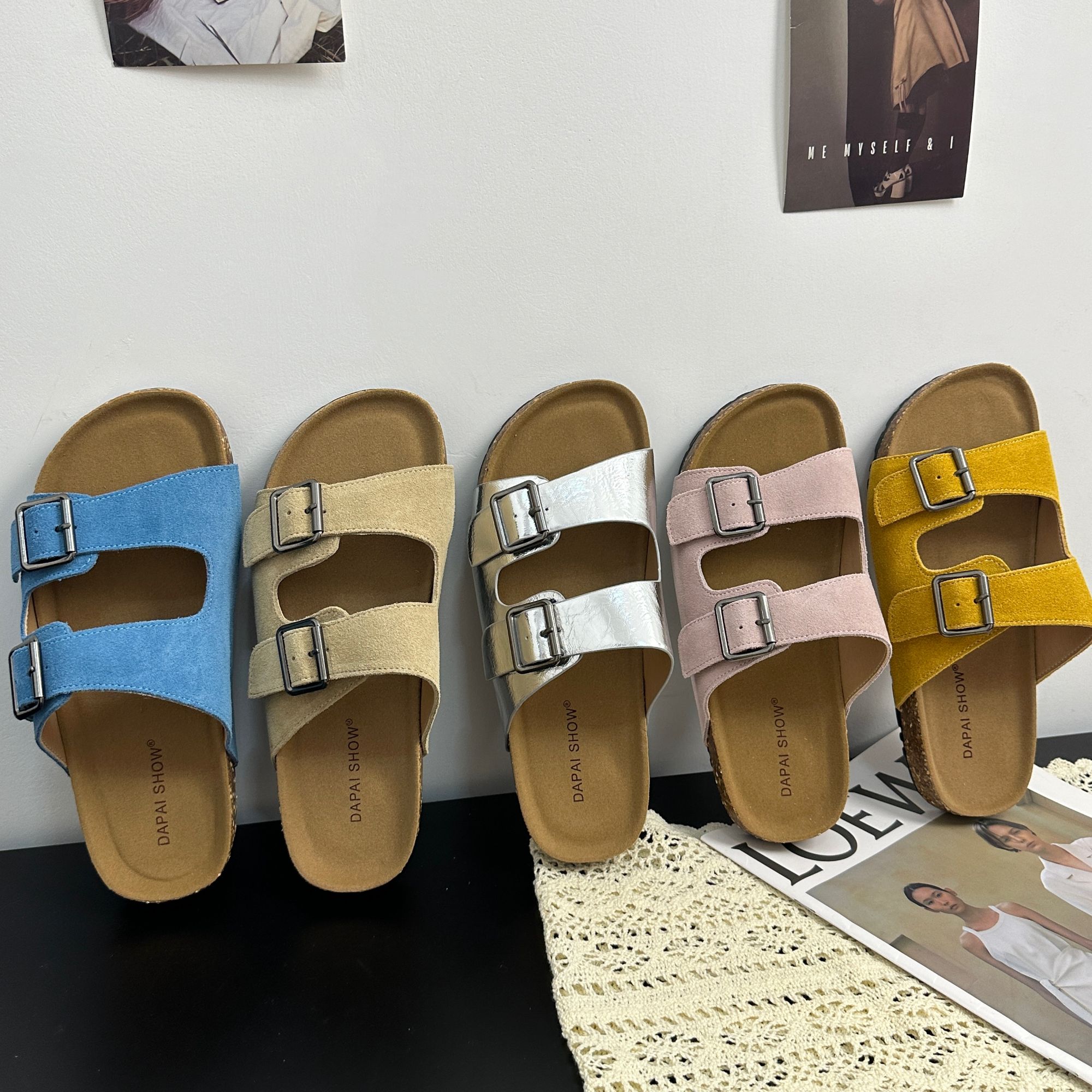 芒小羊2025夏季新款真皮版复古软木平底休闲一字凉拖勃肯鞋女