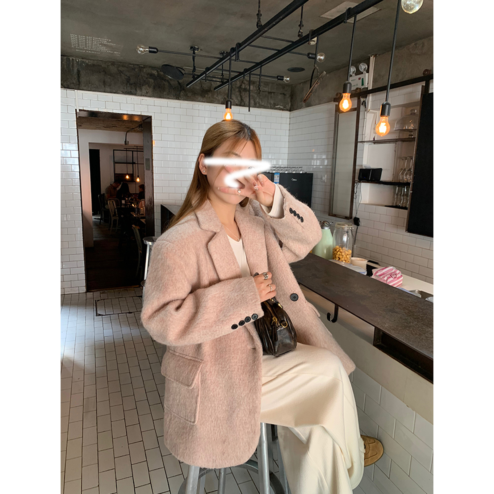 粉色咩咩毛呢西装外套女秋冬季韩系高级西服上衣时尚百搭气质宽松