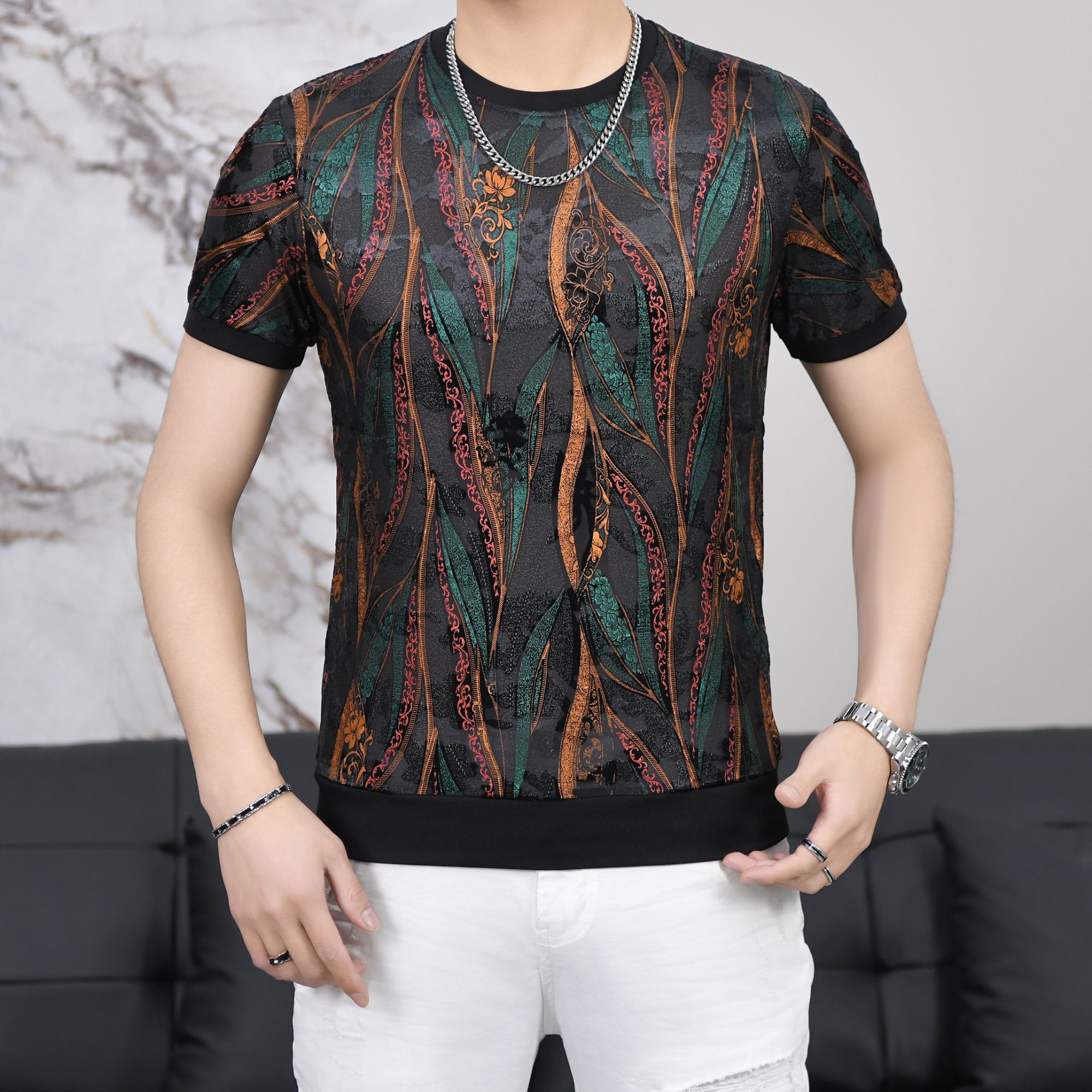 浩哥欧货轻奢圆领潮流百搭男士时尚休闲短袖款网红男款修身印花