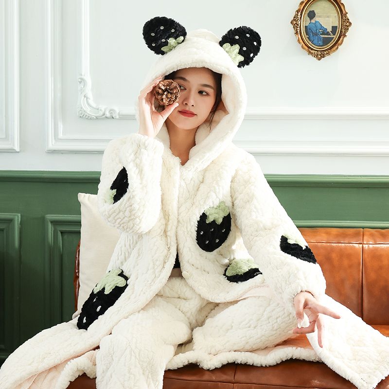 2025年冬季睡衣女新款简约连帽睡衣加绒加厚保暖可外穿家居服套装