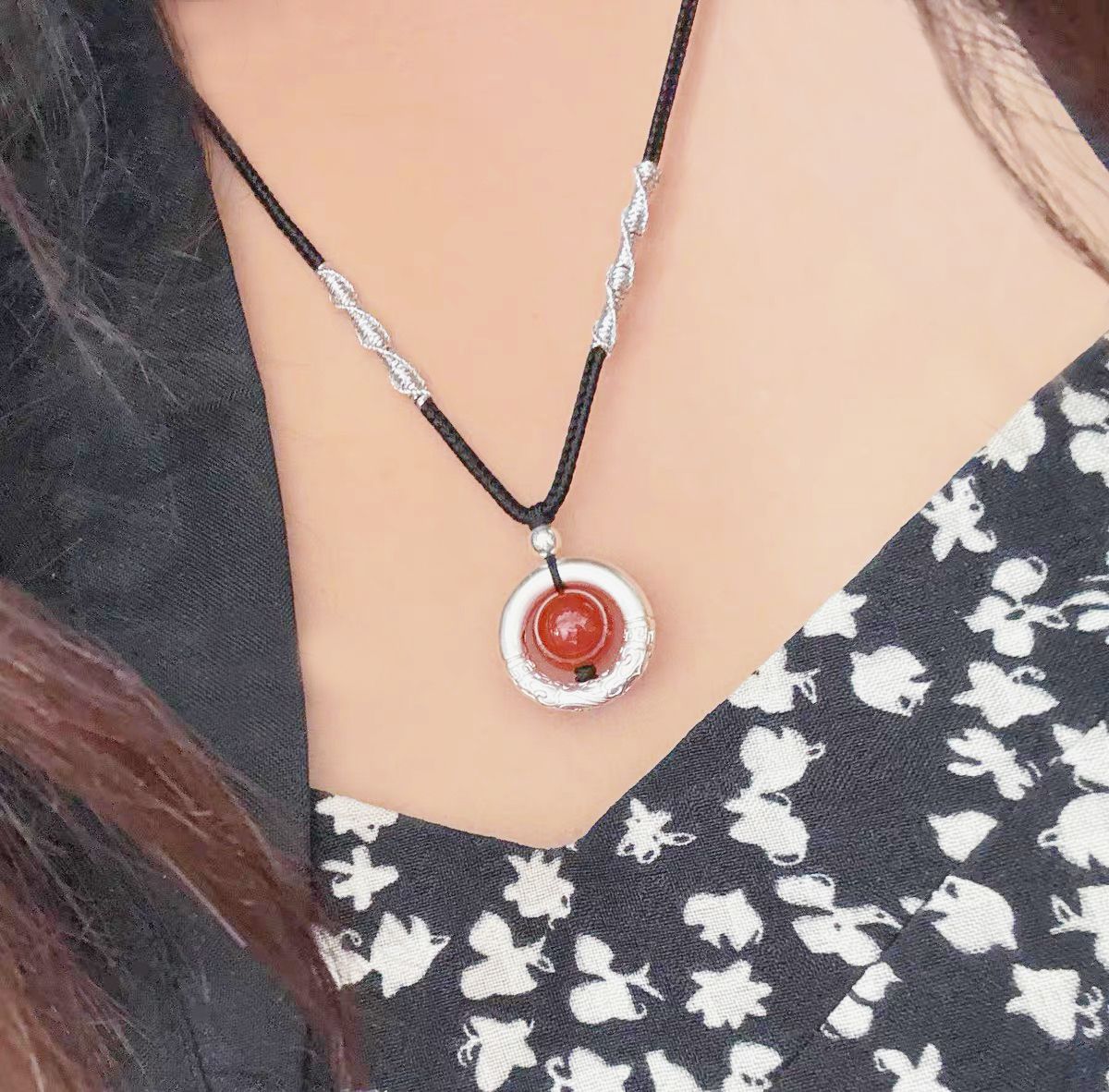 吊坠足银 足银999祥云平安扣 平安喜乐手工编绳项链 足银蝴蝶结