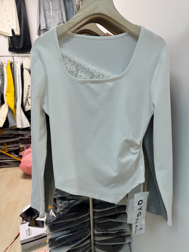 拼接甜辣风时尚长袖V领百搭修身宽松型假两件T恤纯色圆领拉链