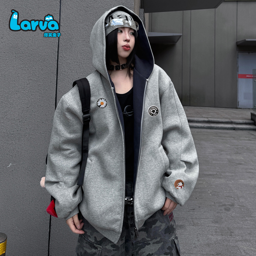 LARVA/爆笑虫子2025新款冬季慵懒风宽松百搭情侣连帽开衫加厚外套