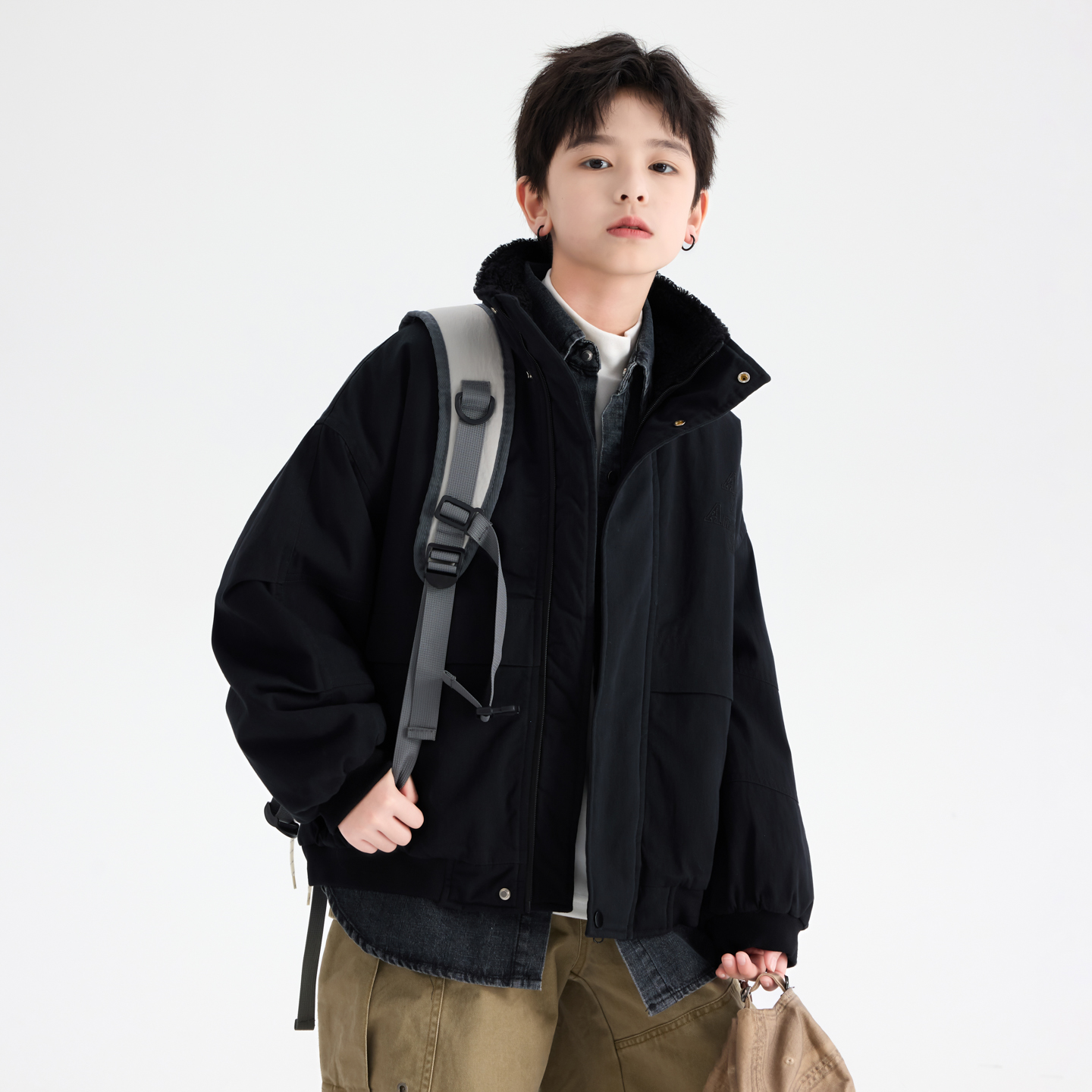 男童秋冬装潮酷防风加绒立领外套2025新款儿加厚保暖免洗棉服6206