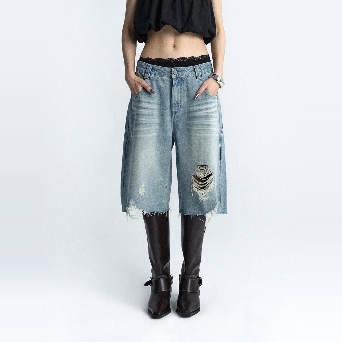 ourhour 水洗做旧 浅蓝色破洞毛边阔腿牛仔中裤 女夏设计感六分裤