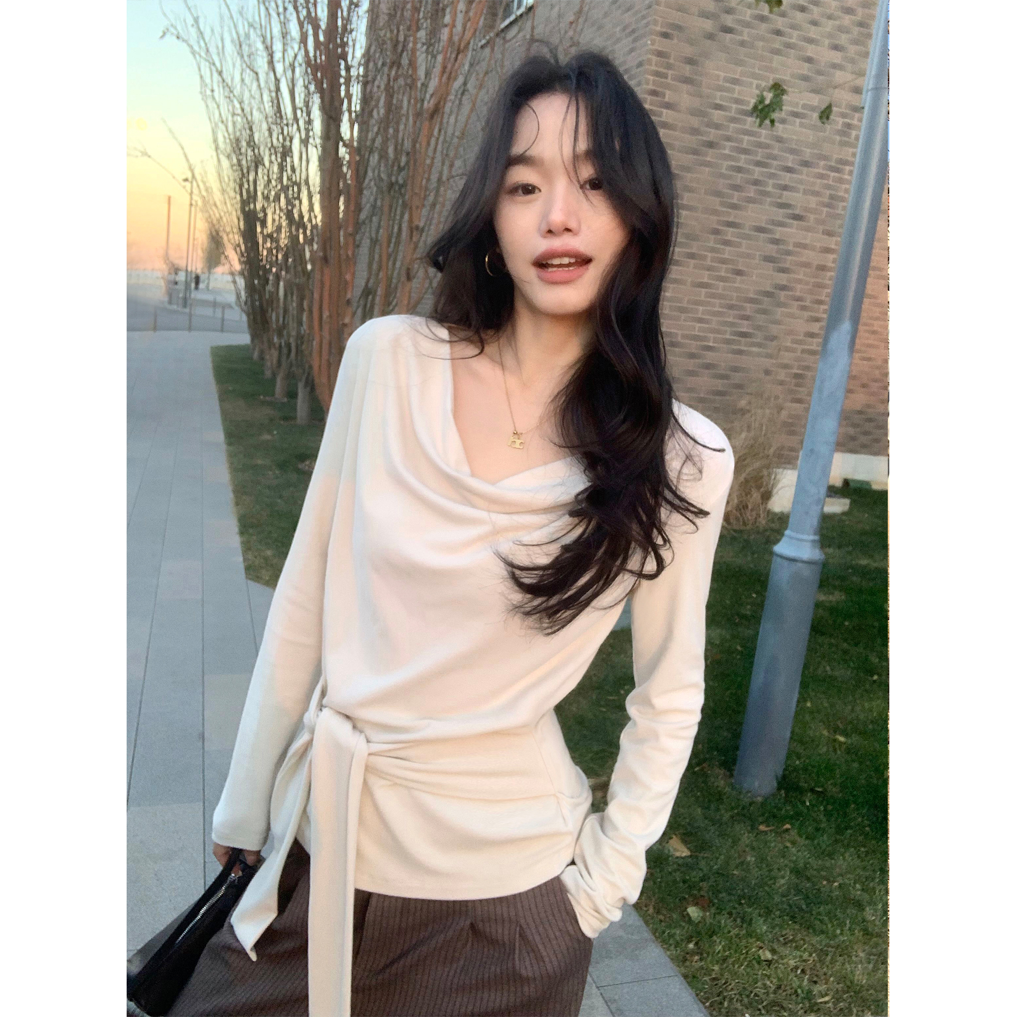 pusumede 文艺质感 荡领长袖针织衫女设计感不规则绑带宽松上衣