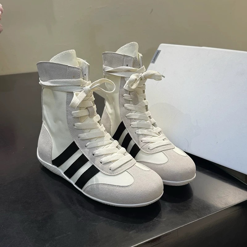 高帮平底拳击运动鞋女2025年夏季新款真皮圆头百搭休闲鞋系带9001