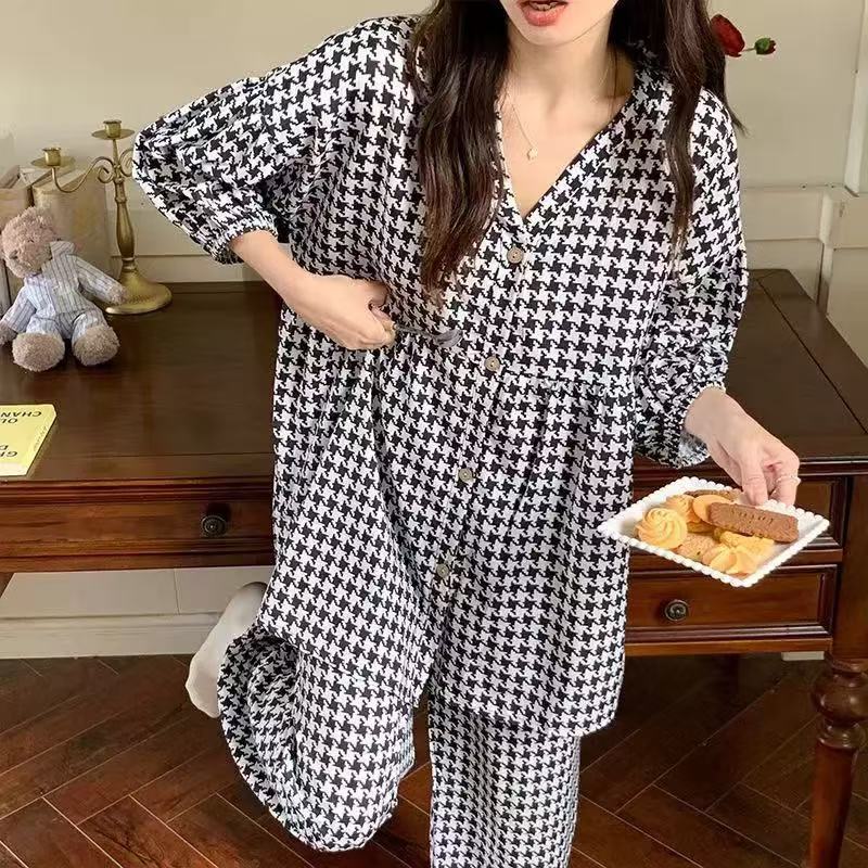 睡衣春秋大码长袖女士夏季格子千鸟格格子