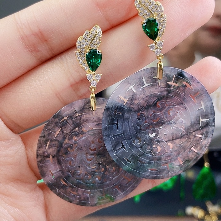 翡翠耳饰银S925镶嵌饰品