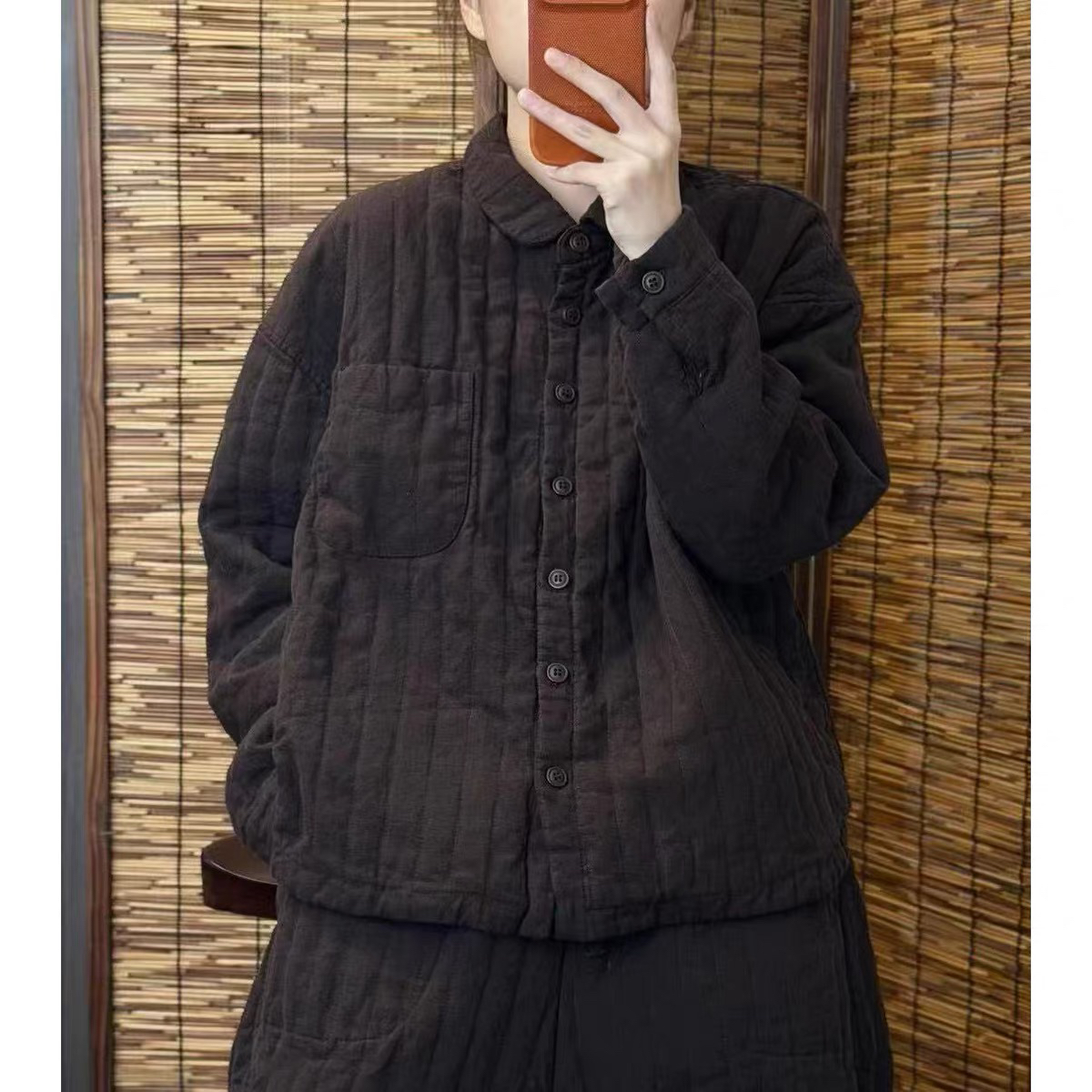 衬衫式棉衣女冬季宽松文艺保暖外套显瘦通勤衣长63-70胸围126