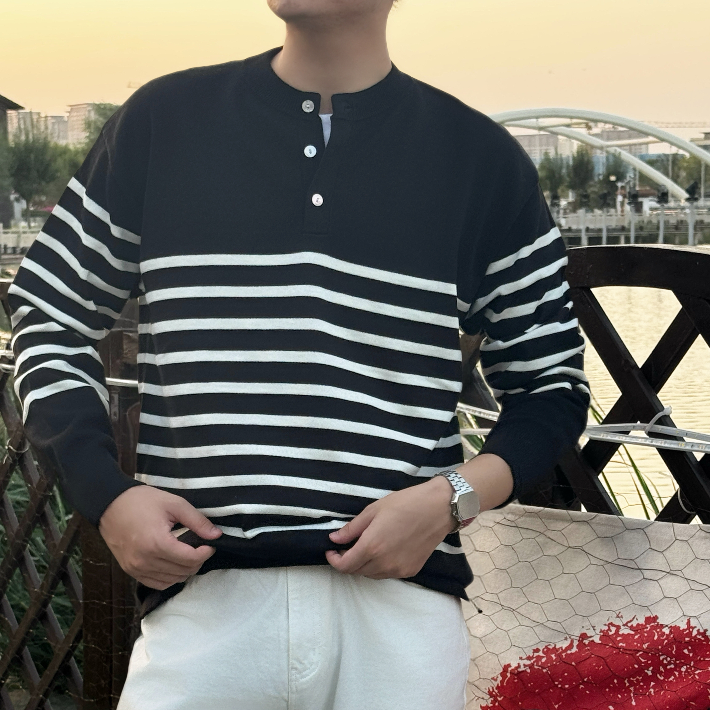 DONLEEGRAM新贵海风老钱亨利领条纹男士春秋套头棉混纺针织衫长袖