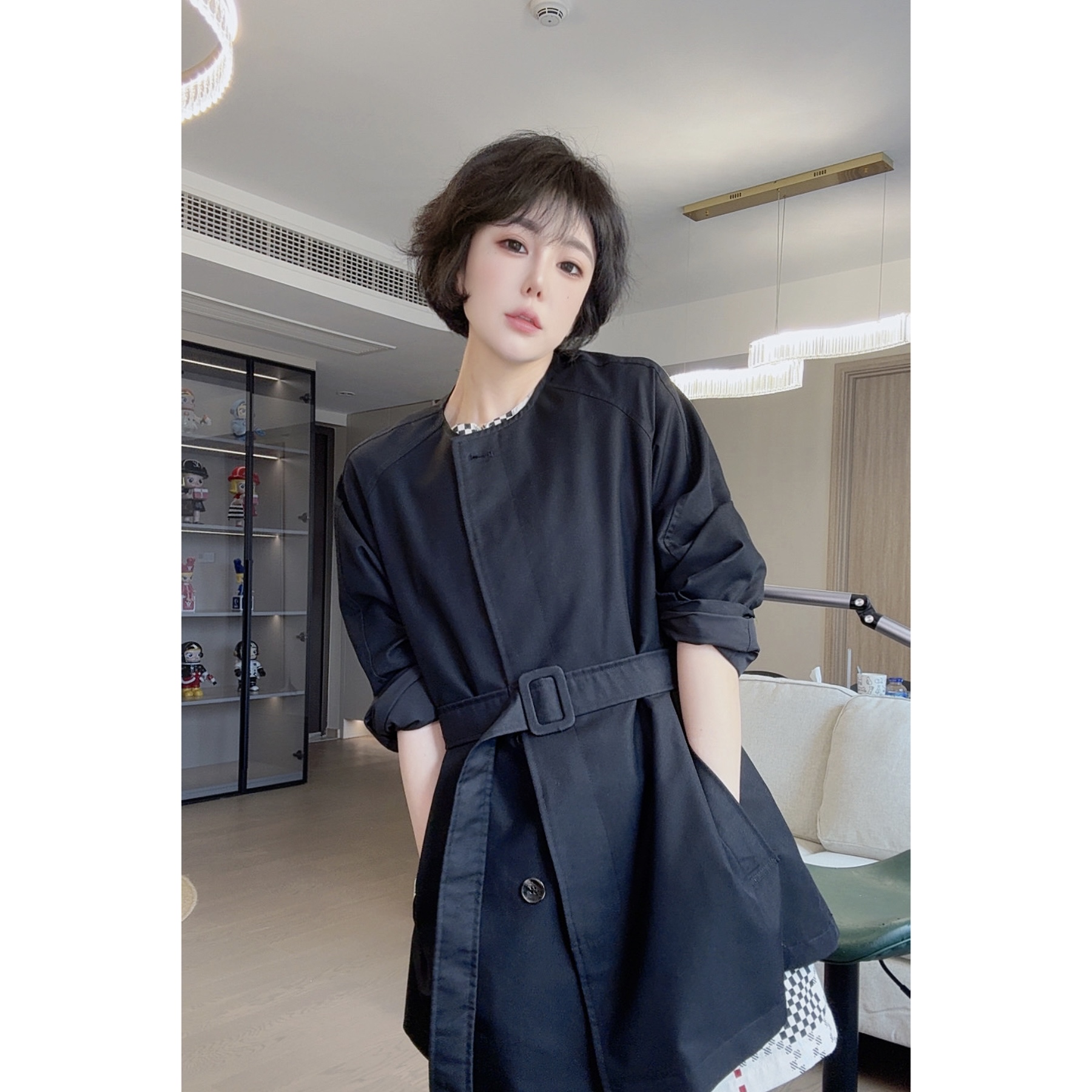 【景汇专属】早秋极简中长款风衣收腰圆领百搭通勤外套女0815