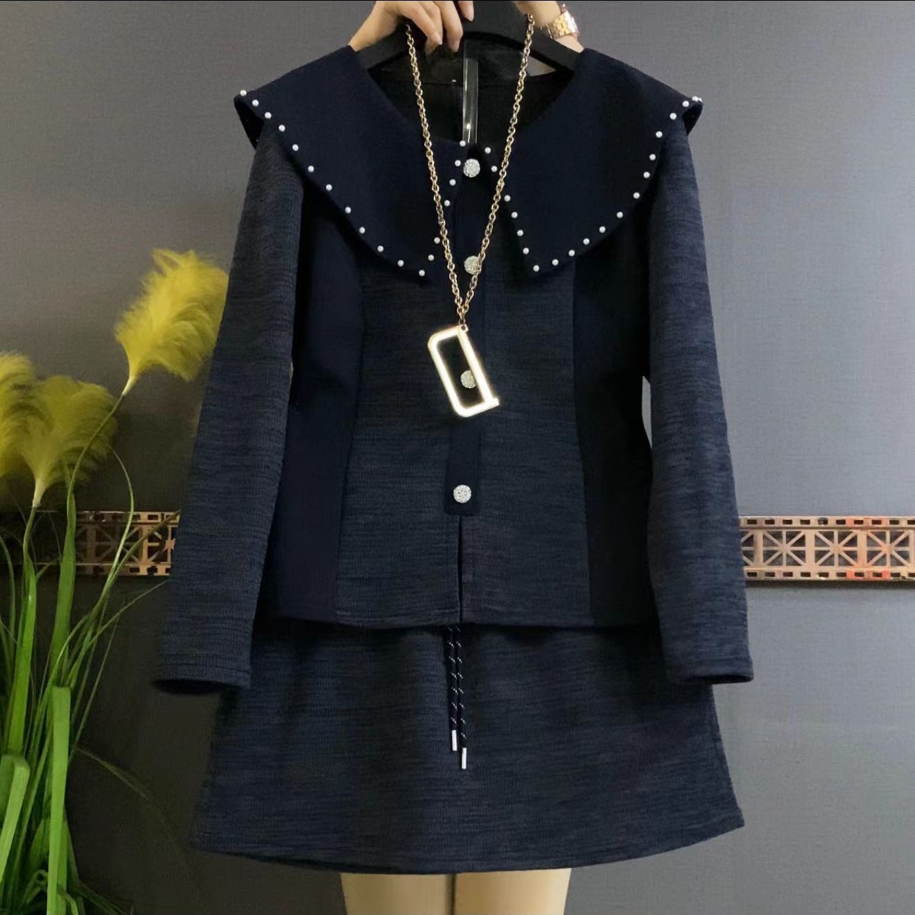 《大亭家》娃娃领海军领纽扣拼接套头长袖学院风半裙显瘦百搭套装