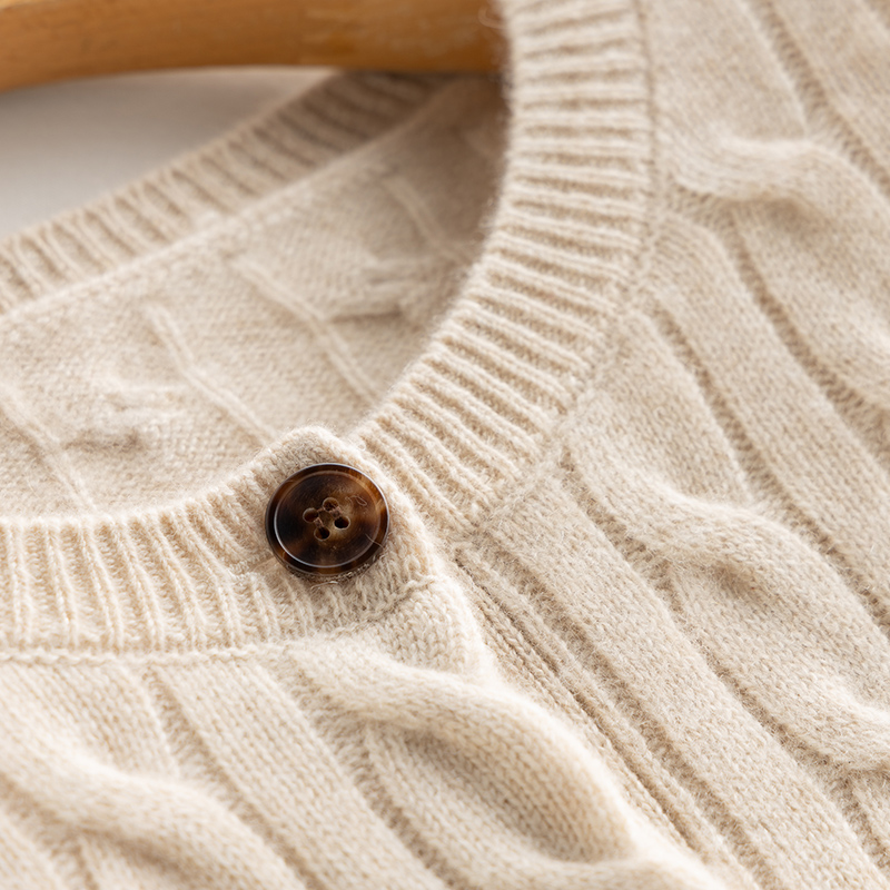 加厚麻花开衫女圆领羊绒衫