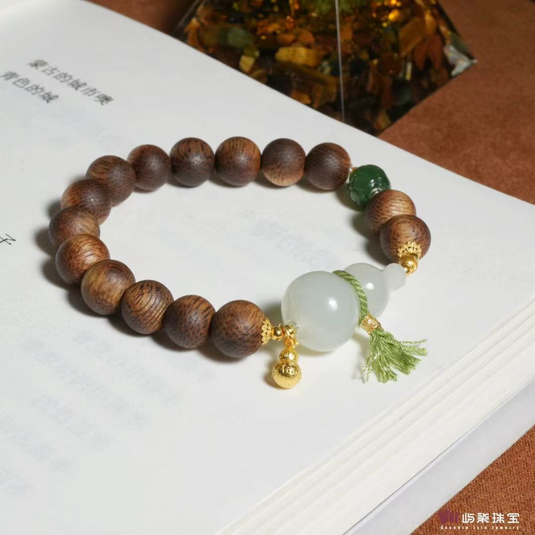 F910 和田玉18k金镶嵌 和田葫芦单碧18k手串