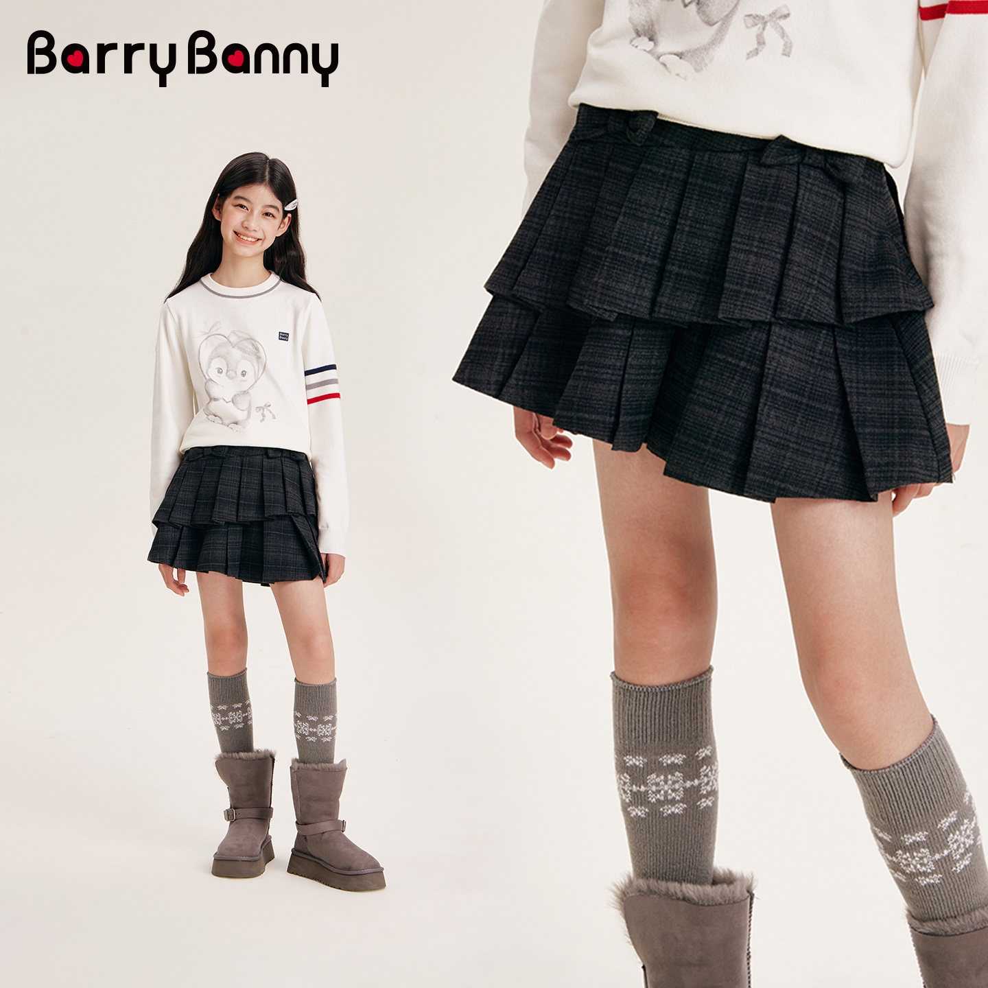 BarryBanny女童格纹防走光半身裙2025秋冬新款中大儿童A字百褶裙
