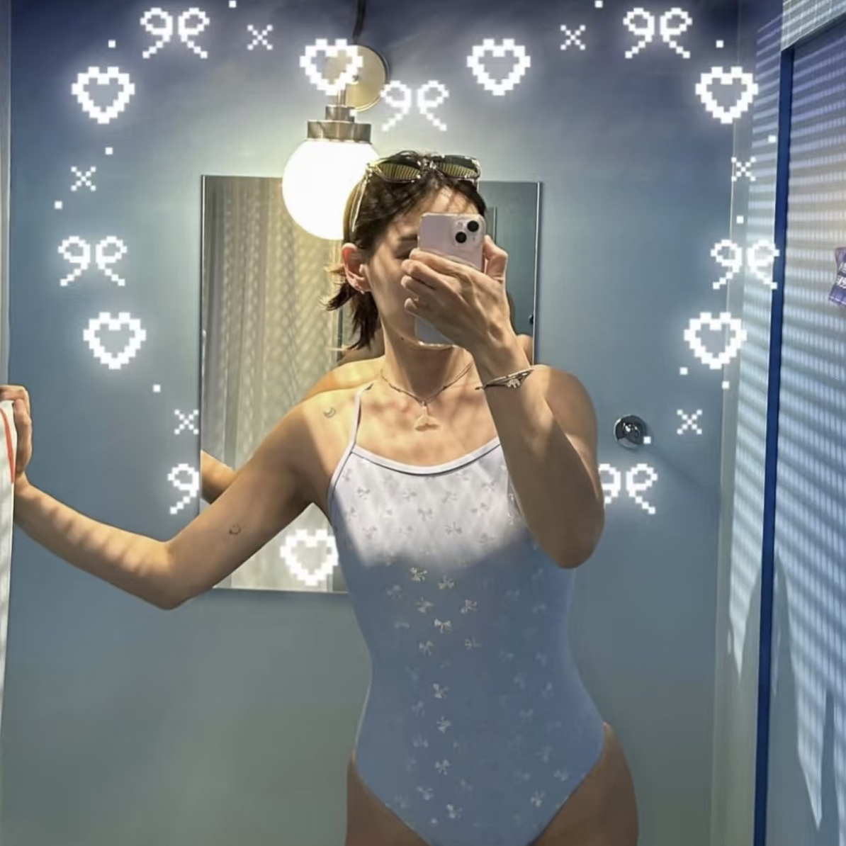 【海盐蓝 】银蝴蝶新款竞速连体泳衣女显白双层低叉训练速干抗氯