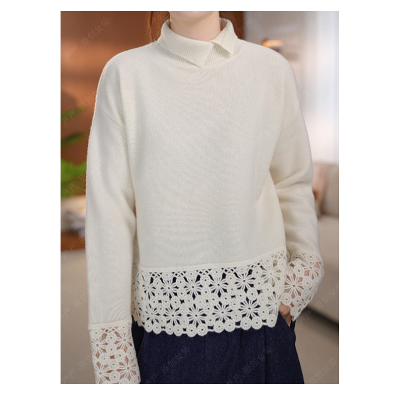 KOUFANLUO/蔻凡洛时髦钩花镂空减龄显瘦长袖绵羊毛针织衫女D25496