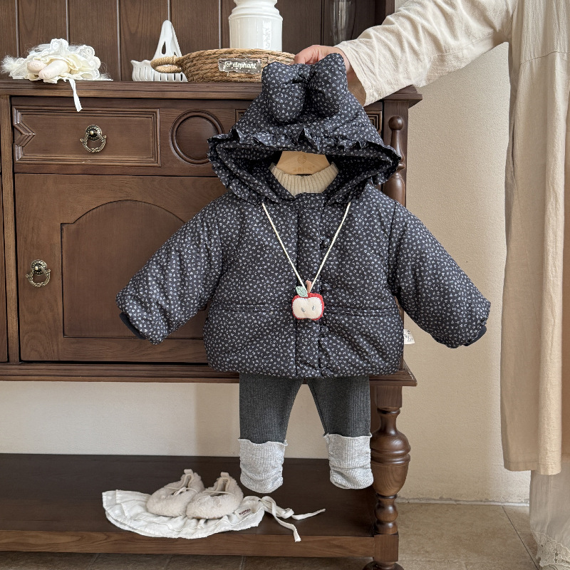 女童宝宝冬季加厚连帽冬装棉服碎花婴儿棉袄韩版洋气加绒保暖外套